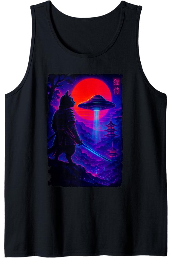 Cat Ninja Alien Vaporwave Japanese Art Samurai Ukiyo-E Cat Tank Top Size S-3XL