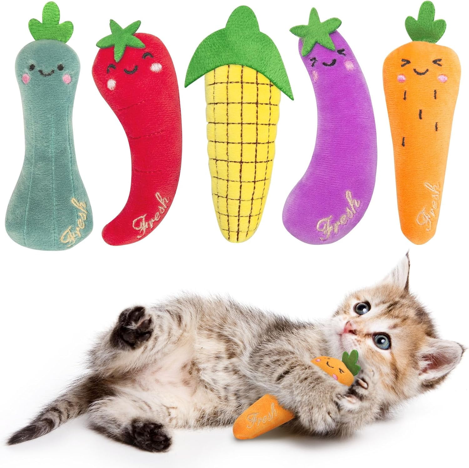 Cat Nip Kitten Toy for Indoor Cats Kitty Kicker, Durable Kitten Teething Chew Toys, 5 Pack, Vegetable Shape