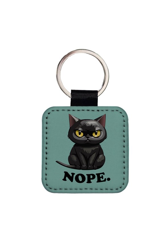 Cat Nope Funny Black Faux Leather Square Keychain