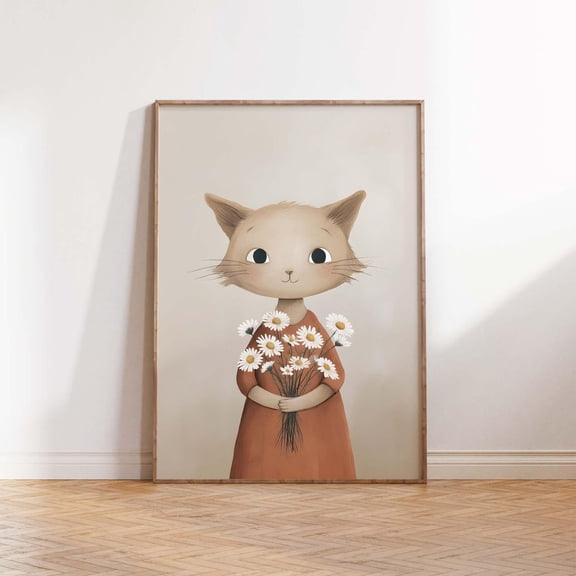 Cat Nursery Wall Art Print, Animal With Daisies, Girls Room Decor, Earthy Tones Baby Room Print, Printed Cat Print For Nursery, Whimsical Home Decor #366, Unframed Canvas Size 24x36
