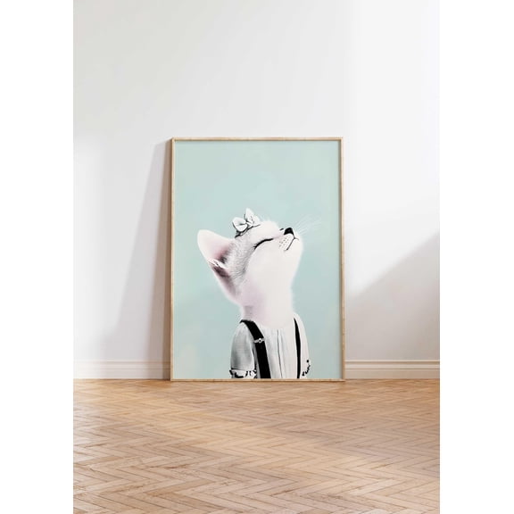 Cat Nursery Wall Art Print, Trendy Wall Art, Girls Room Decor, Cute Animal Art, Mint Green Nursery Decor, For Girls Bedroom Home Decor #847, Stretched Canvas Size 12x18