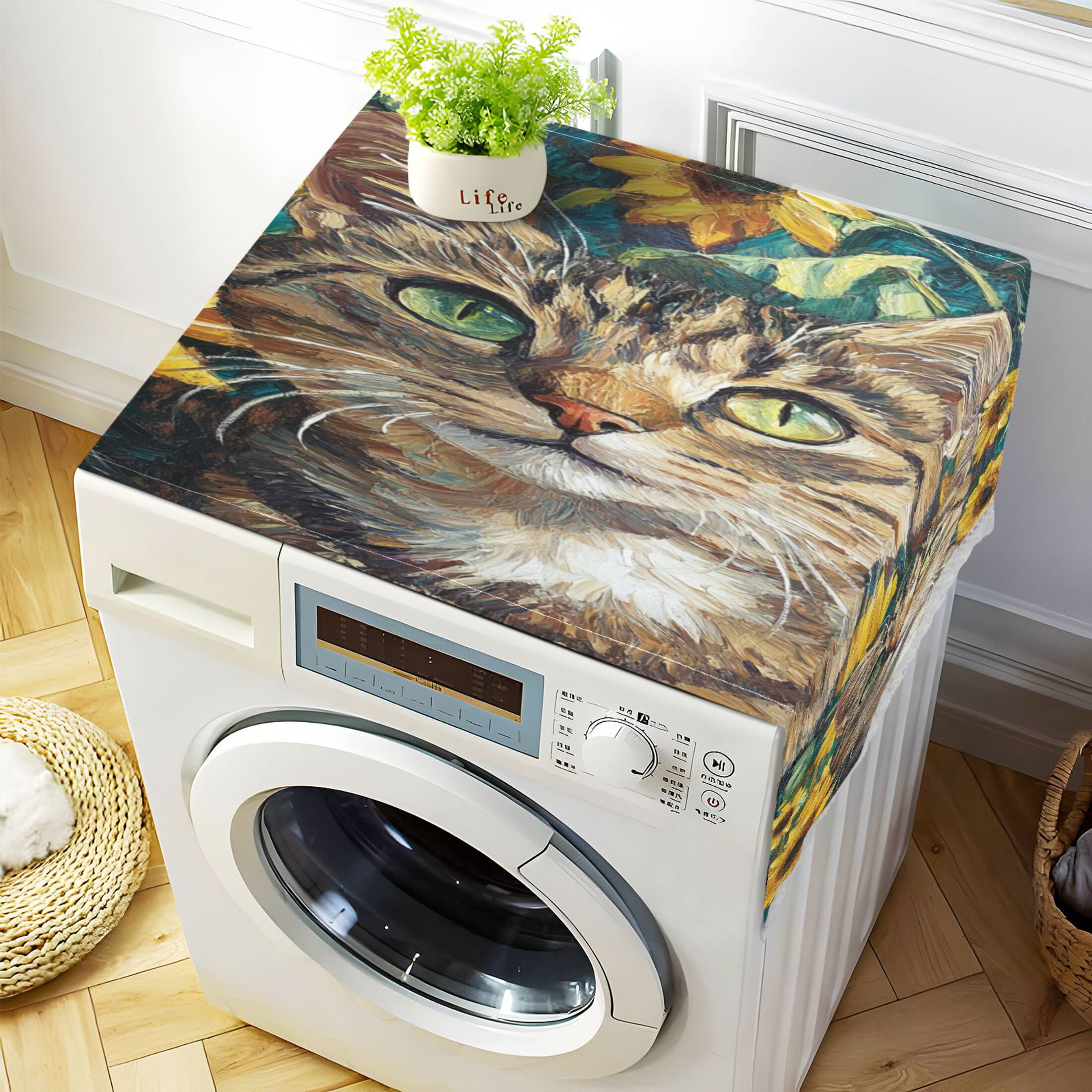 Cat Oil PaintingWasher and Dryer Covers Dust-Proof and Oil Resistant Fridge Cover with 4 Storage Pockets Washing Machine Top Cover for Laundry Kitchen Home 51.2 x 22 In