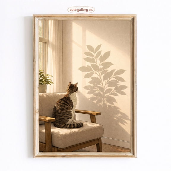 Cat On Chair Leaf Shadow Wall Art Home Decor Unframed Paper Print