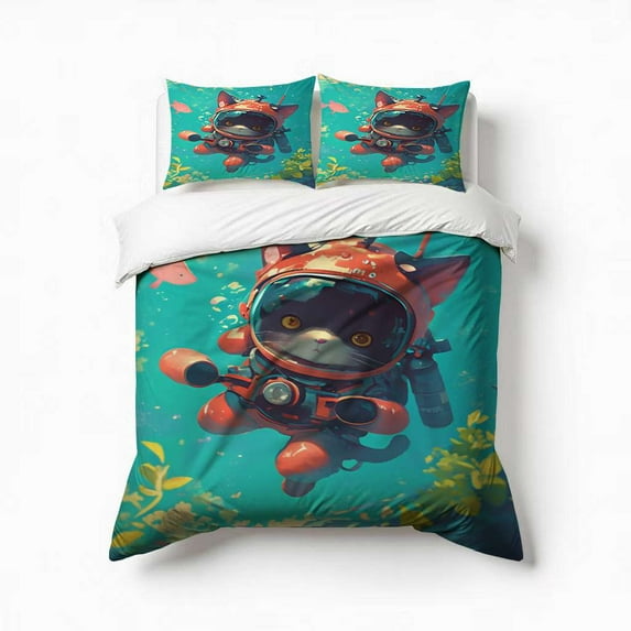 Cat On Diving Adventure Bedding Set 3 Pcs Soft Microfiber Quilt Cover For Bedroom Decor, Comforter Cover With 2 Pillowcase