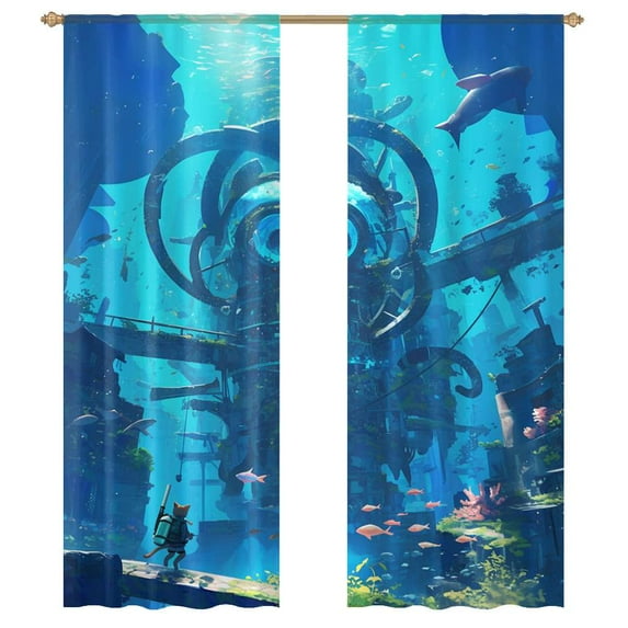 Cat On Diving Adventure Sheer Window Curtains for Living Room Kitchen Bedroom Tulle Voile Hanging Curtain