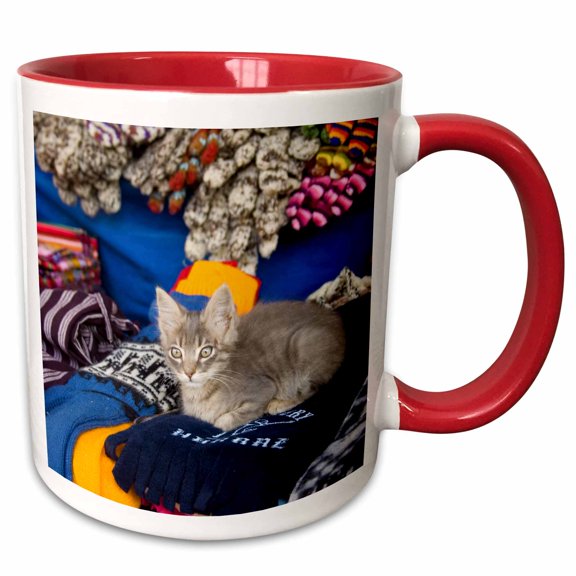 3drose, Cat on Scarves at Market, Huaraz, Peru - Sa17 Jme0316 - John and Lisa Merrill, 15oz Two-tone Red Mug
