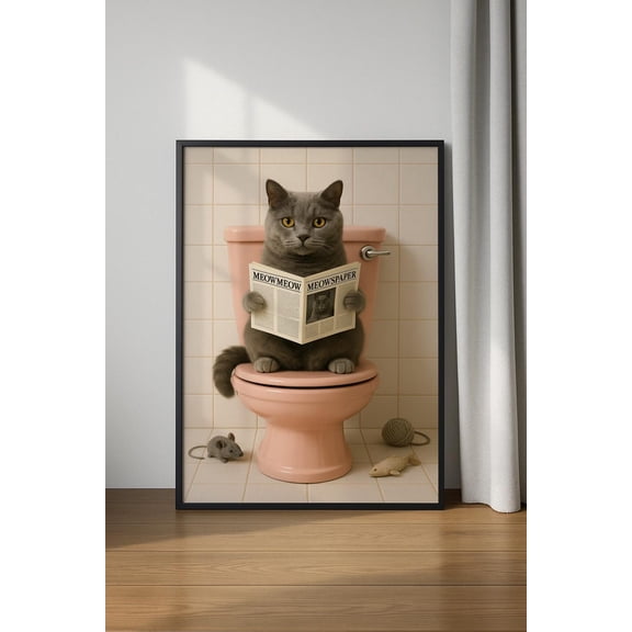 Cat On Tet Reading A Newspaper Poster, Poster, Cute Bathroom Poster, Trendy Wall Art, Cat On Tet Poster, Newspaper Poster, Unframed Poster Size 8x12