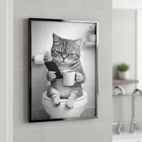 Cat On Toilet With Coffee Poster, Black And White Bathroom Meme Decor