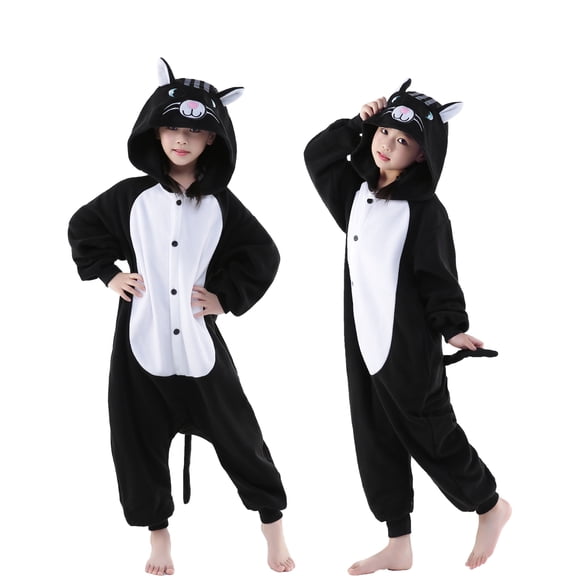 Cat Onesie Kids CANASOUR Black Cartoon Animal Pajamas Polyester Suit for Girls and Boys 6-8 Years