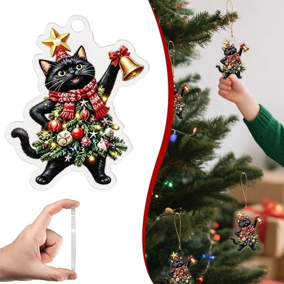 Cat Ornament, Funny Black Cat with Golden Bell Christmas Ornament,Novelty Acrylic Hanging Decor, Pet‑Themed Xmas Gift for Cat Parents Holiday Tree Decoration