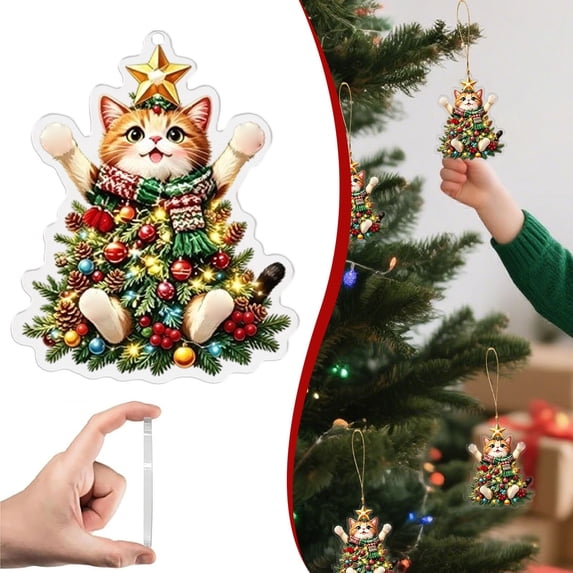 Cat Ornaments, Cute Orange Cat Christmas Tree Acrylic Hanging Ornament,Whimsical Pet Xmas Decor for Cat Lovers, Holiday Tree Mantel Wreath Home Decoration