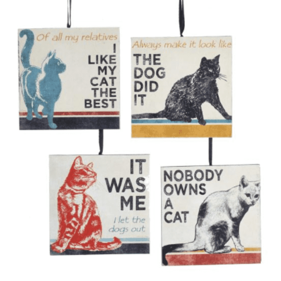 Cat Ornaments For Cat Lovers Set of 4 Wood Signs with Funny Sayings Kurt Adler