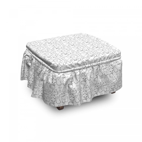 Cat Ottoman Cover, Lazy Furry Feline Pets, 2 Piece Slipcover Set with Ruffle Skirt for Square Round Cube Footstool Decorative Home Accent, Standard Size, Black White, by Ambesonne