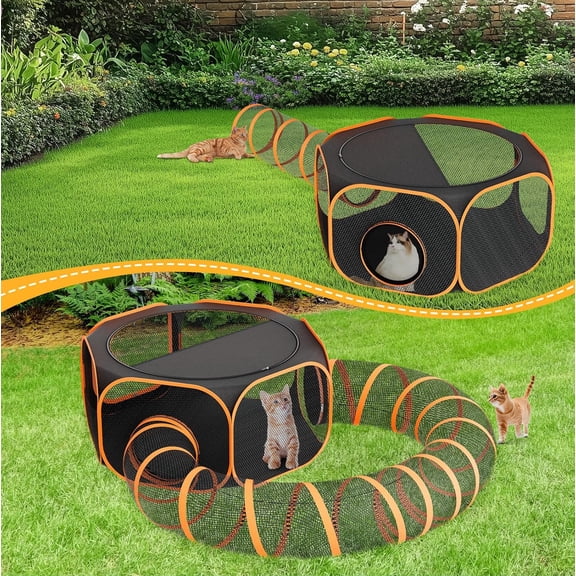 Cat Outdoor Enclosures Tunnel Playpen - Portable Playpen Indoor Collapsible Cats Enclosure with Shade Cover 2 Tunnels for Large Small Pets Animal Outside Catio Happy Travel Camping Back Yard
