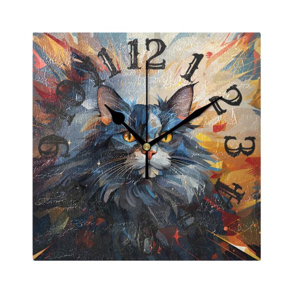 Cat Painting Grey Wall Clock Square Silent Non Ticking Battery Operated Clock for Home Bathroom Kitchen Bedroom Living Room