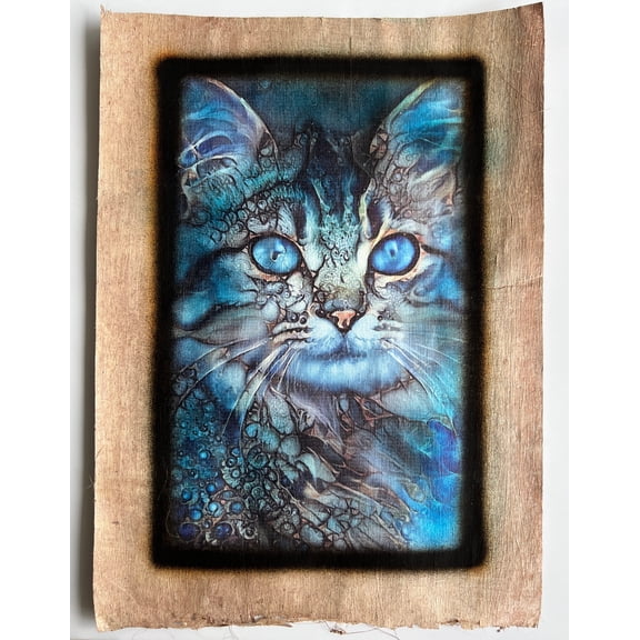 Cat Painting on Brown Papyrus - EgyptianWall Art for Cat Lovers Animal - Mystical Blue Cat Eyes - Best Gift for Cat Owners and Lovers 17x13 inches