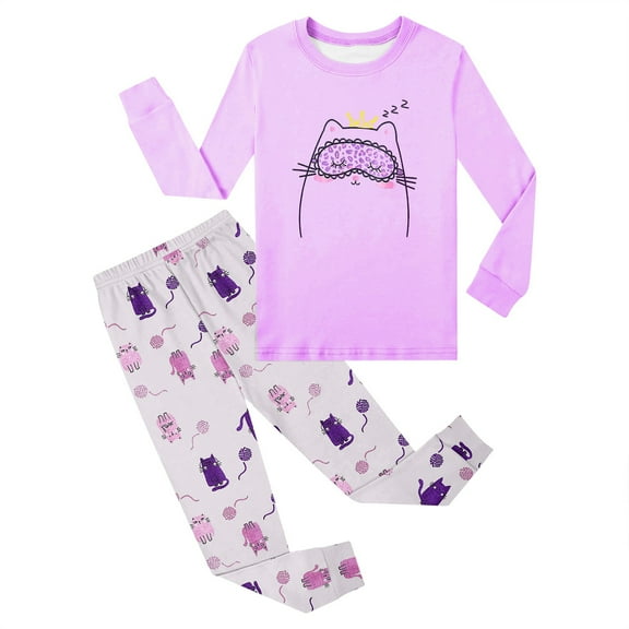 Cat Pajamas For Girls Size 6-16 Pants & Long Sleeve Jammies Glitter Heart & Stripe Tween/Teens Fall Cloths Set #Light Purple 6-7 Years
