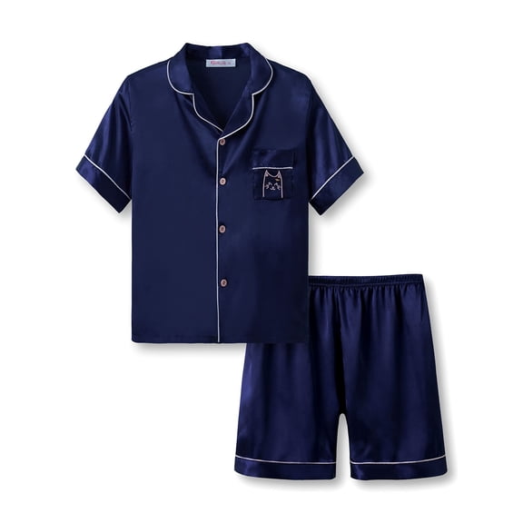 Topgal Cat Pajamas for Girls – Satin Button Up 2-PC Tween & Teen Pyjamas PJS Kid Size 10 Navy