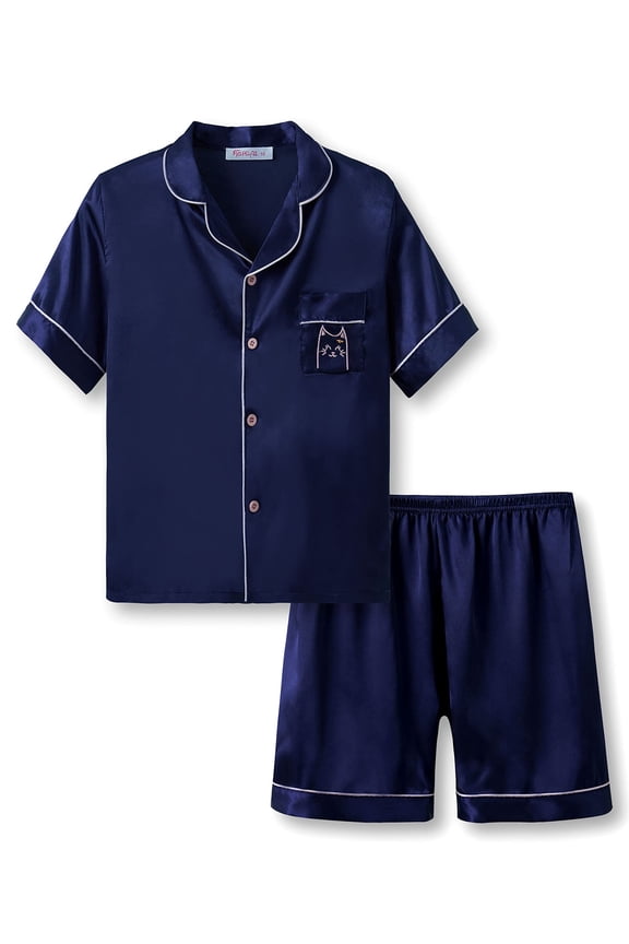 Cat Pajamas for Girls – Satin Button Up 2-PC Tween & Teen Pyjamas PJS Kid Size 10 Navy