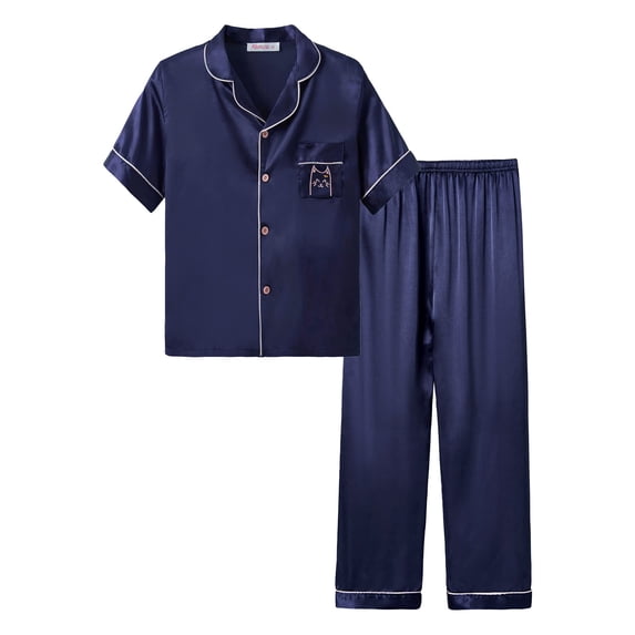 Topgal Cat Pajamas for Girls – Satin Silky Button Up Cute Coat Style Pyjama Size 10 Navy