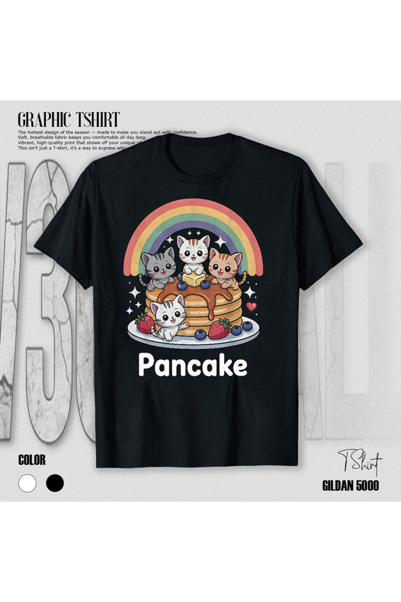 Cat Pancake Stack Kawaii Kitty Cute Breakfast Cartoon Fun Graphic Unisex T-Shirt V15260, up to Size 5XL