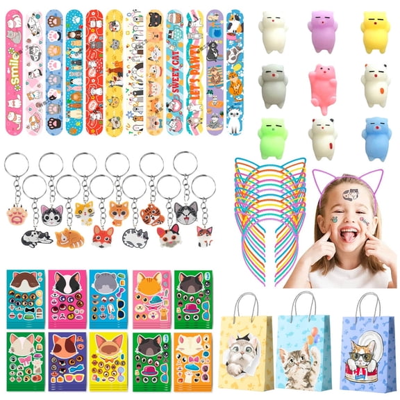 Cat Party Favors, 72pcs Kitty Party Favors Set Including Cat Goodie Bags Ears Headband Stickers Keychains Slap Bracelets etc Cat Themed Party Favors for Cat Birthday Party Decorations Supplies
