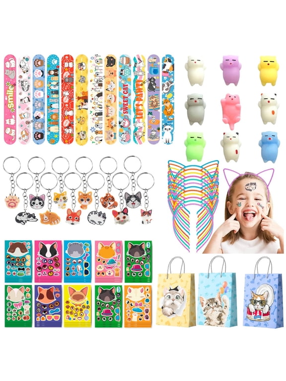 Cat Party Favors, 72pcs Kitty Party Favors Set Including Cat Goodie Bags Ears Headband Stickers Keychains Slap Bracelets etc Cat Themed Party Favors for Cat Birthday Party Decorations Supplies