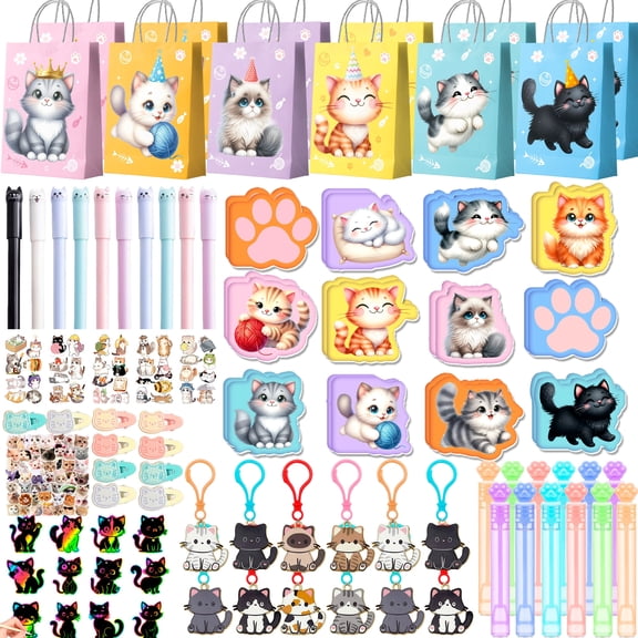 Cat Party Favors Decorations Stuffers, 108pcs Cat Birthday Party Decorations Fillers Including Cat Animal Scratch Bookmarks Tattoos Pens Notebooks etc Cat Birthday Party Supplies