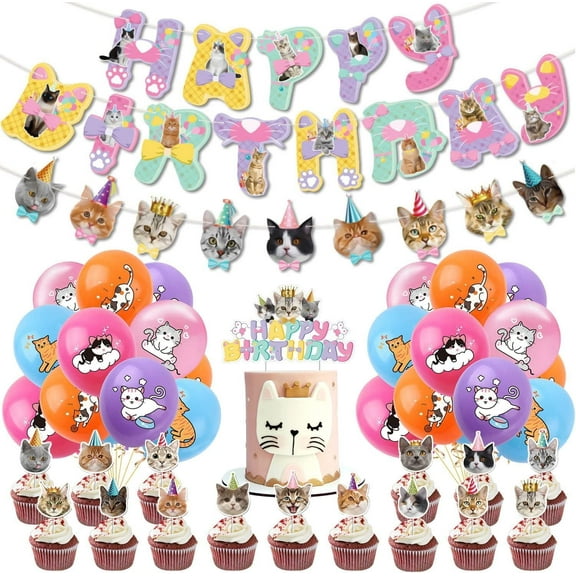 Cat Party Supplies Kitten Birthday Party Decorations Plates Napkins Cups Knives Spoons Forks Tablecloth Balloons Banner Cupcake Toppers for Cat Themed Birthday Party Supplies