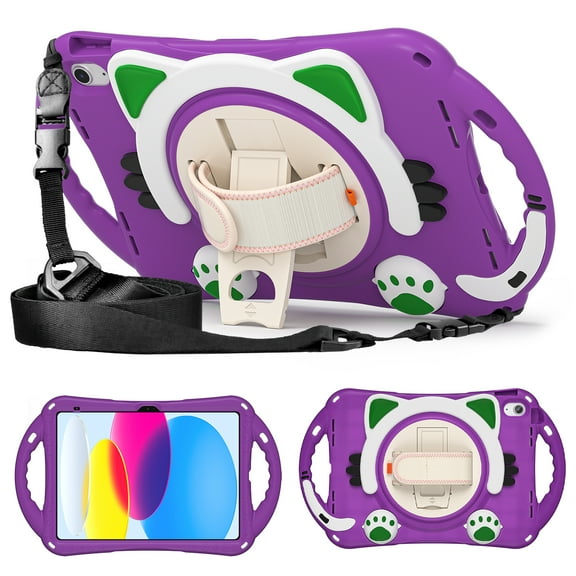 Cat Pattern Design Case for iPad 10th Gen 10.9" (2022),Heavy Duty Rugged Silicone Case with Swivel Ring Stand/Stable Kickstand/Shoulder Strap/Pencil Holder Case for iPad 10th Gen 10.9", Purple