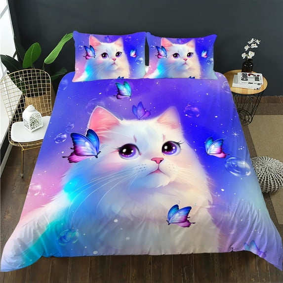 Cat Pattern Duvet Cover Set, Cat Lover Bedding Set, Butterfly Cat Comforter Cover Set,Boys Girls Pet Cat Duvet Cover Set 3 Pieces, 1 Duvet Cover and 2 Pillowcases