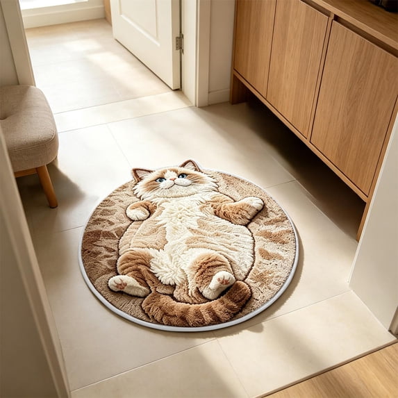 Cat Pattern Round Flock Floor Mat, Fuzzy Door Rug, for Bathroom Entryway Indoor Home, Cute Cat Design, Non Slip, Absorbent, Easy to Clean