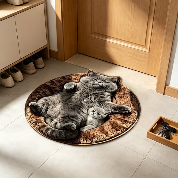 Cat Pattern Round Flock Floor Mat, Fuzzy Door Rug, for Bathroom Entryway Indoor Home, Cute Cat Design, Non Slip, Absorbent, Easy to Clean