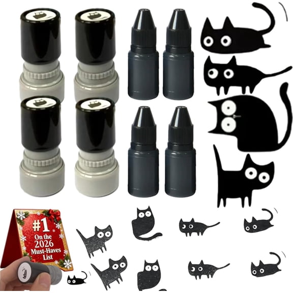 Cat Pattern Stamp, Cat Stamps Self Inking, Mini Kitten Stamp Set for Journals, Scrapbook, Cards & Teacher Rewards, Black Cats Decorative Stamps (1 Set)