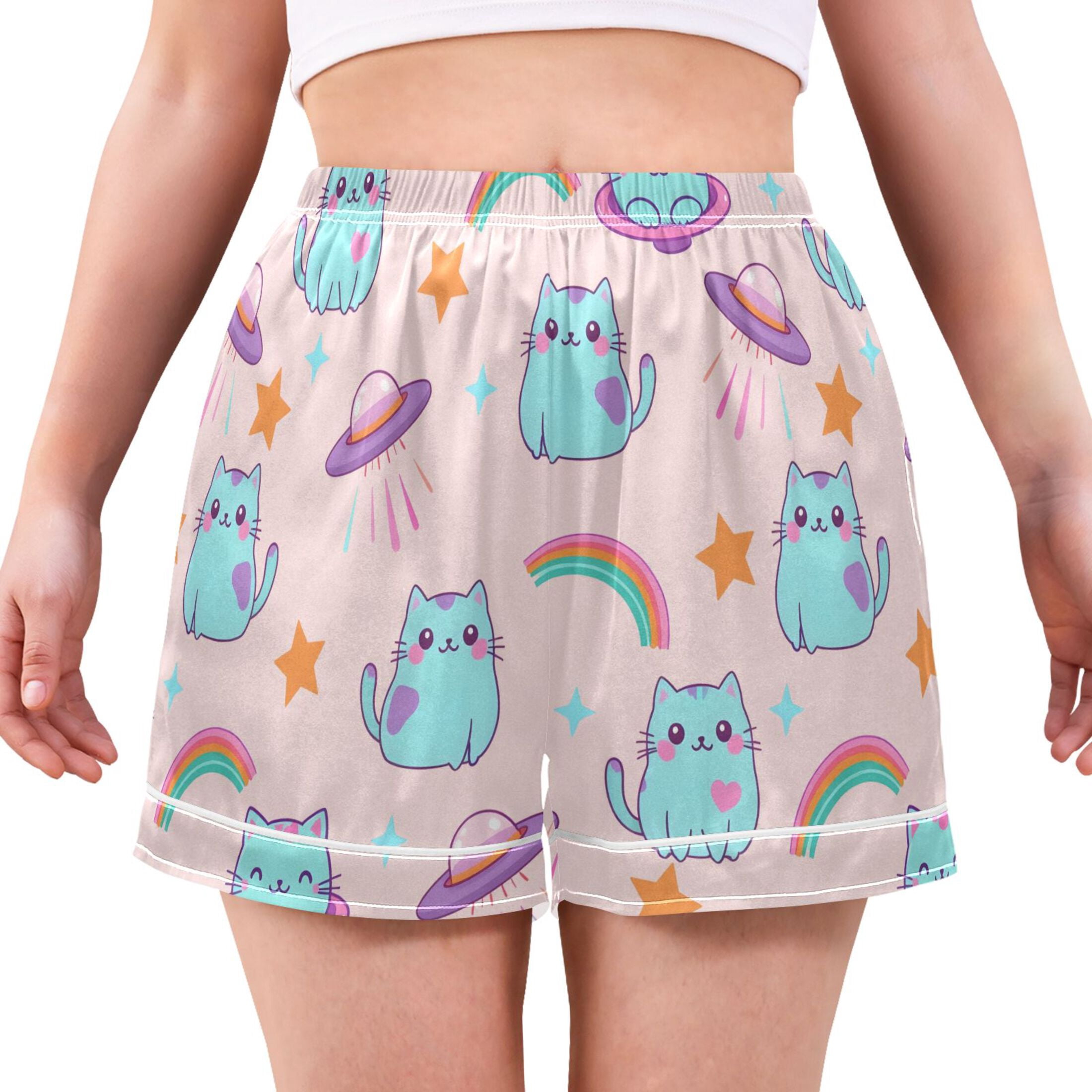 Cat Pattern Women's Pajama Shorts Silky Satin Casual Lounge Sleep Zero ...