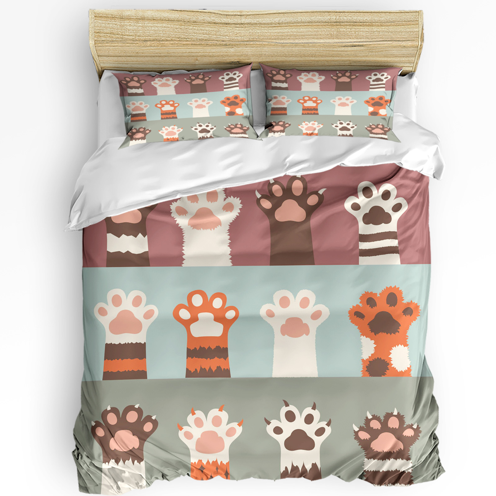Cat Paw Animal Cartoon 3pcs Duvet Cover Set with Pillow Case Double