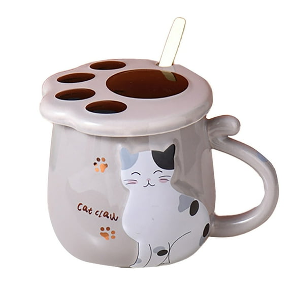 Cat Paw Ceramic Mug with Lid & Spoon, Cute Cat-Themed Drinkware for Coffee & Tea, "Cat Wants Fish" Mug for Home & Office, Gift for Cat Lovers & Animal Enthusiasts