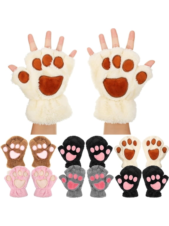 Cat Paw Gloves Cute Kitten Furry Paws Costume Winter Fingerless Mitten Glove for Kids Women