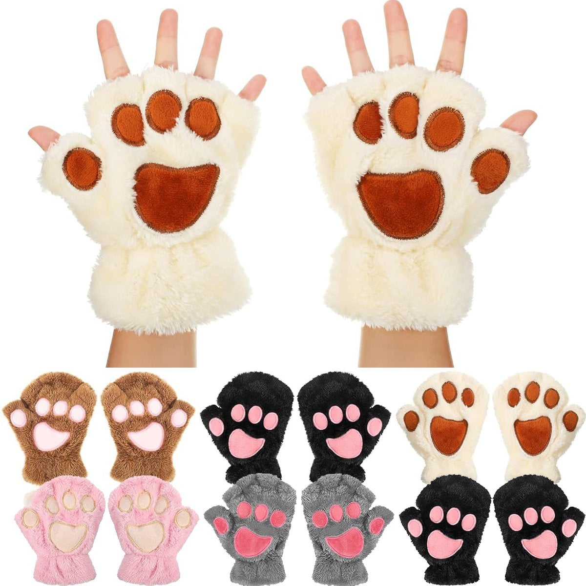 Cat Paw Gloves Cute Kitten Furry Paws Costume Winter Fingerless Mitten