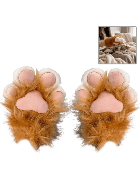 Cat Paw Gloves Plush Cosplay Costume, Thickened Warm Furry Paw Gloves for Therian Anime Conventions Halloween Dress Up(Brown, 1 Pair)