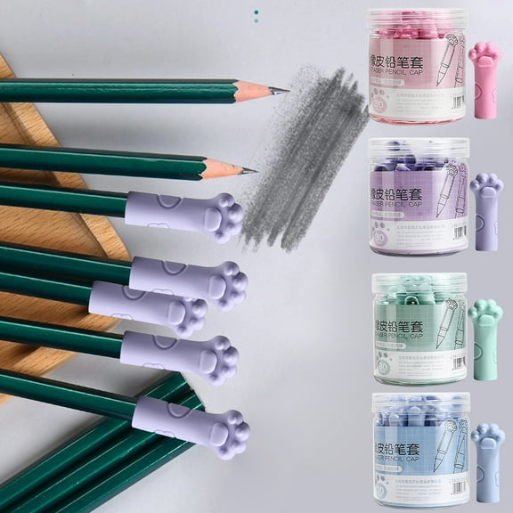 Cat Paw Pencil Caps | Soft Rubber Silicone Protective Sleeves | Fit Triangular Hexagonal Round Pencils | Tip Covers | Quick Eraser | Grip Extender | 30 Pack | Mixed Colors | 3.9cm | Storage Jar