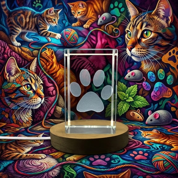 Cat Paw Print Crystal Trophy Award with LED Base for Cat Lovers