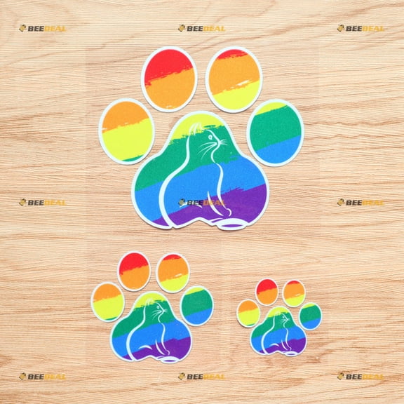 Cat Paw Print LGBT Gay Pride Rainbow Vinyl Decal Sticker - 3 Pack Reflective, 2 Inches, 3 Inches, 5 Inches - for Car Boat Laptop Cup