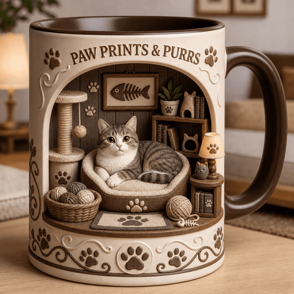 Cat Paw Print Mug, Paws & Purrs Coffee Cup Gift for Cat Lovers