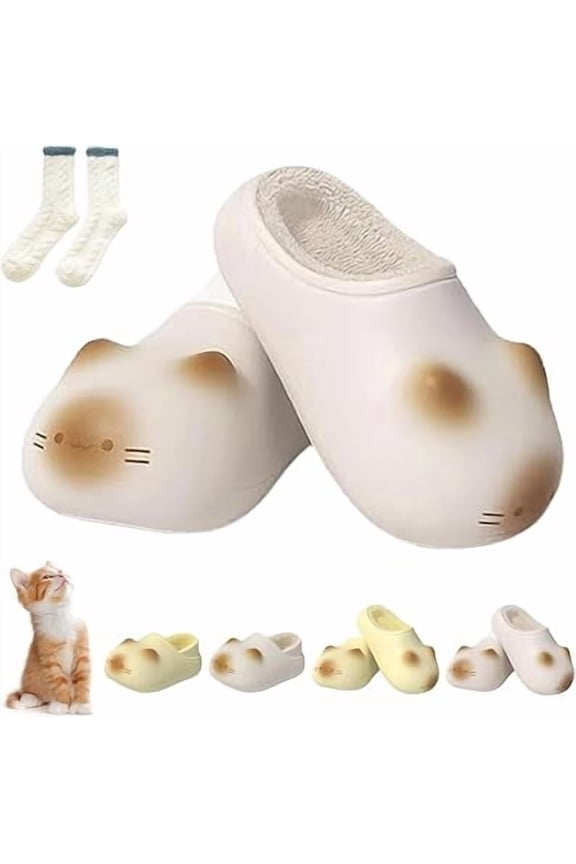 Cat Paw Print Shoe, Cute 3D Fluffy Plush Ultra-Thick Cat Paw Slippers, Waterproof Non-Slip Warm Memory Foam Clogs for Indoor Outdoor, Easy Clean Toe Cap, Fluffy Lined(Beige,4.5-5.5 Women/4-5 Men)