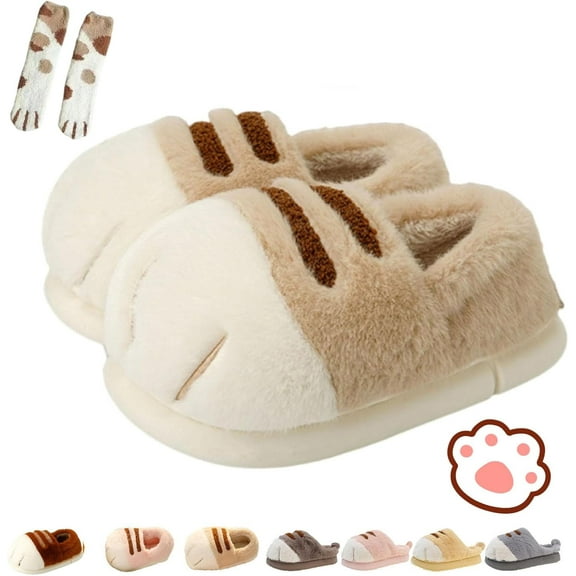Cat Paw Slippers, 3D Cartoon Slipper for Women, Warm Fluffy Furry Winter House Slides for Indoor Outdoor