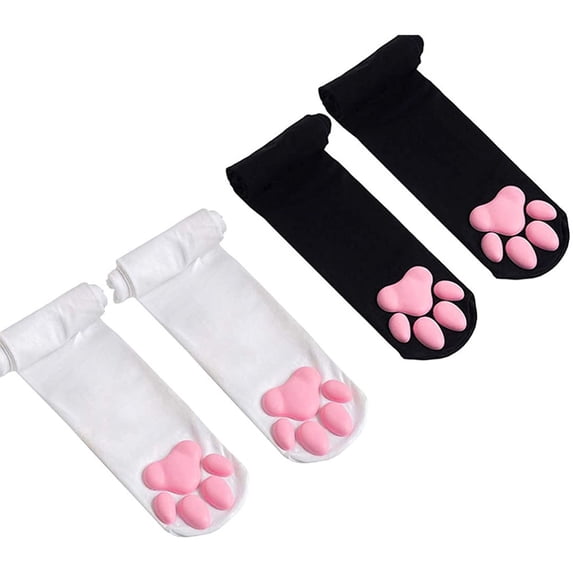 Cat Paw Socks, Thigh High Soft 3D Paw Pad Toe Beans Stockings for Women Cat Cosplay(2 Pairs Black&White)