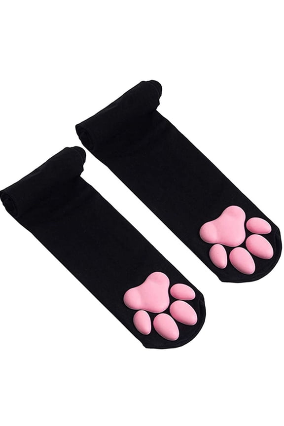 Cat Paw Socks, Thigh High Soft 3D Paw Pad Toe Beans Stockings for Women Cat Cosplay(Black)