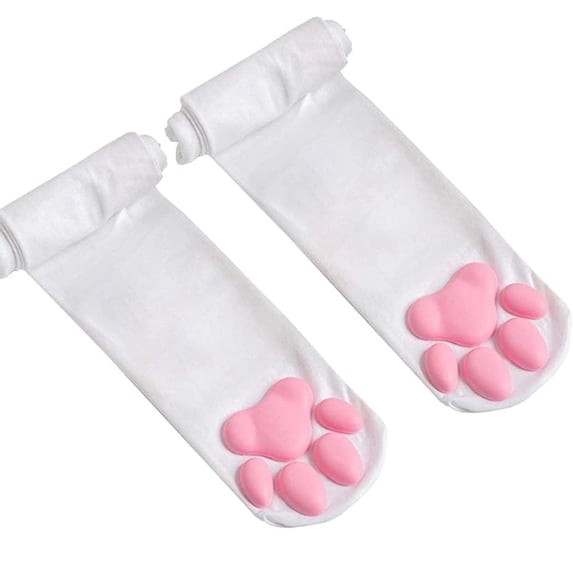 Cat Paw Socks, Thigh High Soft 3D Paw Pad Toe Beans Stockings for Women Cat Cosplay(White)