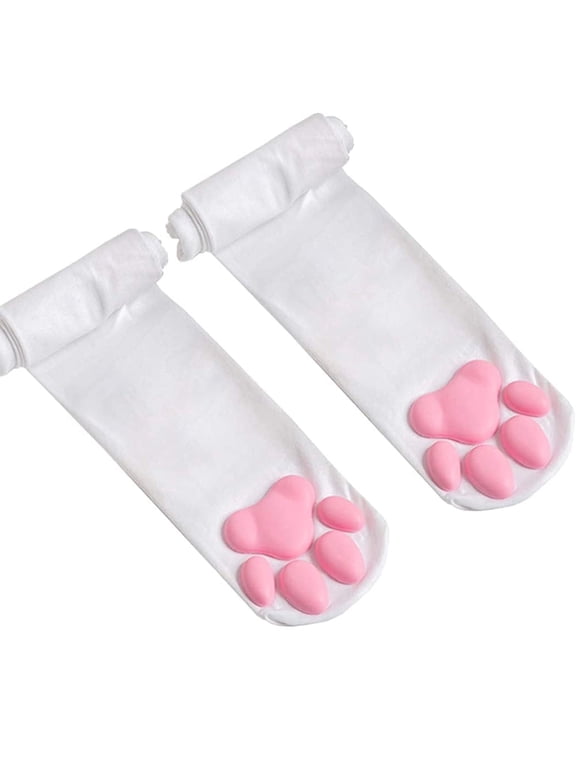 Cat Paw Socks, Thigh High Soft 3D Paw Pad Toe Beans Stockings for Women Cat Cosplay(White)